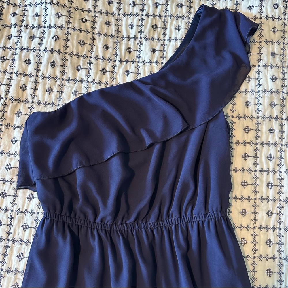 One shoulder navy blue dress lined